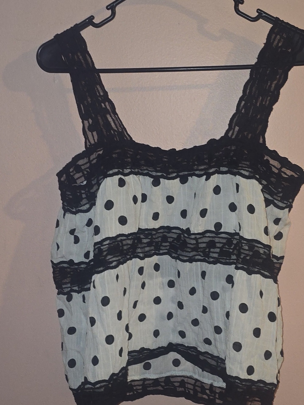 NWOT- Women's White/Black Polka Dot Music Note Lace Trim Square Neck Tank Top L